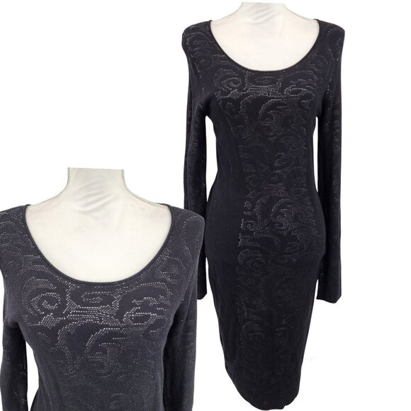 CALVIN KLEIN Black Faux Lace Textured Bodycon Midi Sweater Dress M NWT - Picture 1 of 10